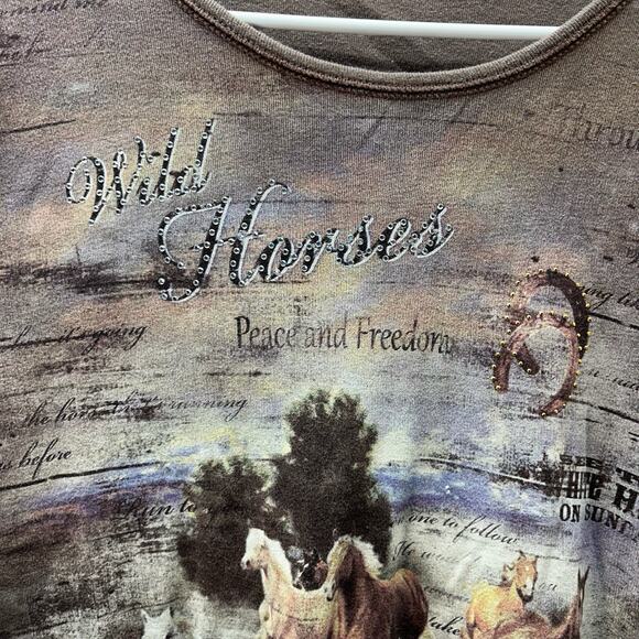Studio Gem Y2K Wild Horses Mustang Sequin Top Brown Western Size XL Baby Tee - Picture 2 of 7